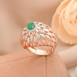 Zambian Emerald Gemstone Dome Ring Diamond Pave Solid 14k Rose Gold Fine Jewelry -Mode Bijouterie Magasin SER 2465A 4 master
