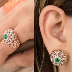 Zambian Emerald Gemstone Dome Ring Diamond Pave Solid 14k Rose Gold Fine Jewelry -Mode Bijouterie Magasin SER 2465A 5 both master