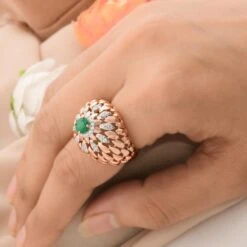 Zambian Emerald Gemstone Dome Ring Diamond Pave Solid 14k Rose Gold Fine Jewelry -Mode Bijouterie Magasin SER 2465A 5 master