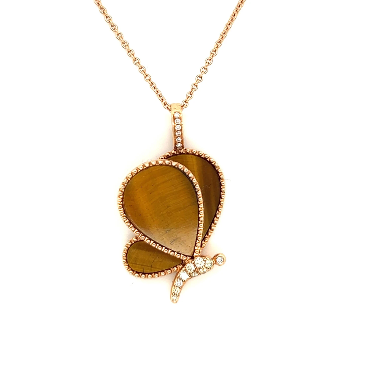 Butterfly Tiger Eye Stone 18k Rose Gold Diamond Necklace 7 Butterfly Tiger Eye Stone 18k Rose Gold Diamond Necklace – Image 5