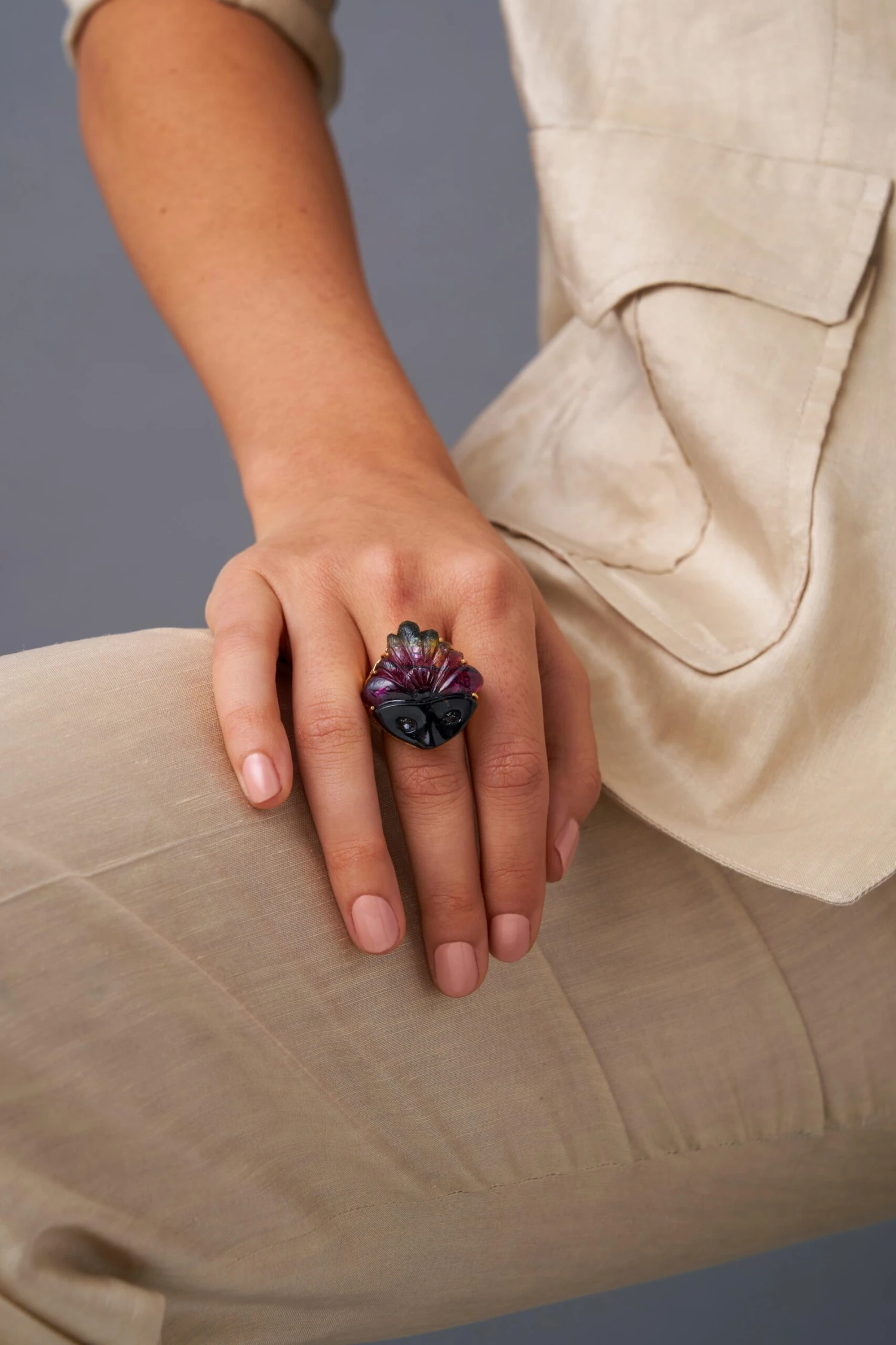 Michael Kanners Watermelon Tourmaline Diamond Gold Mask Ring 6 Michael Kanners Watermelon Tourmaline Diamond Gold Mask Ring – Image 4