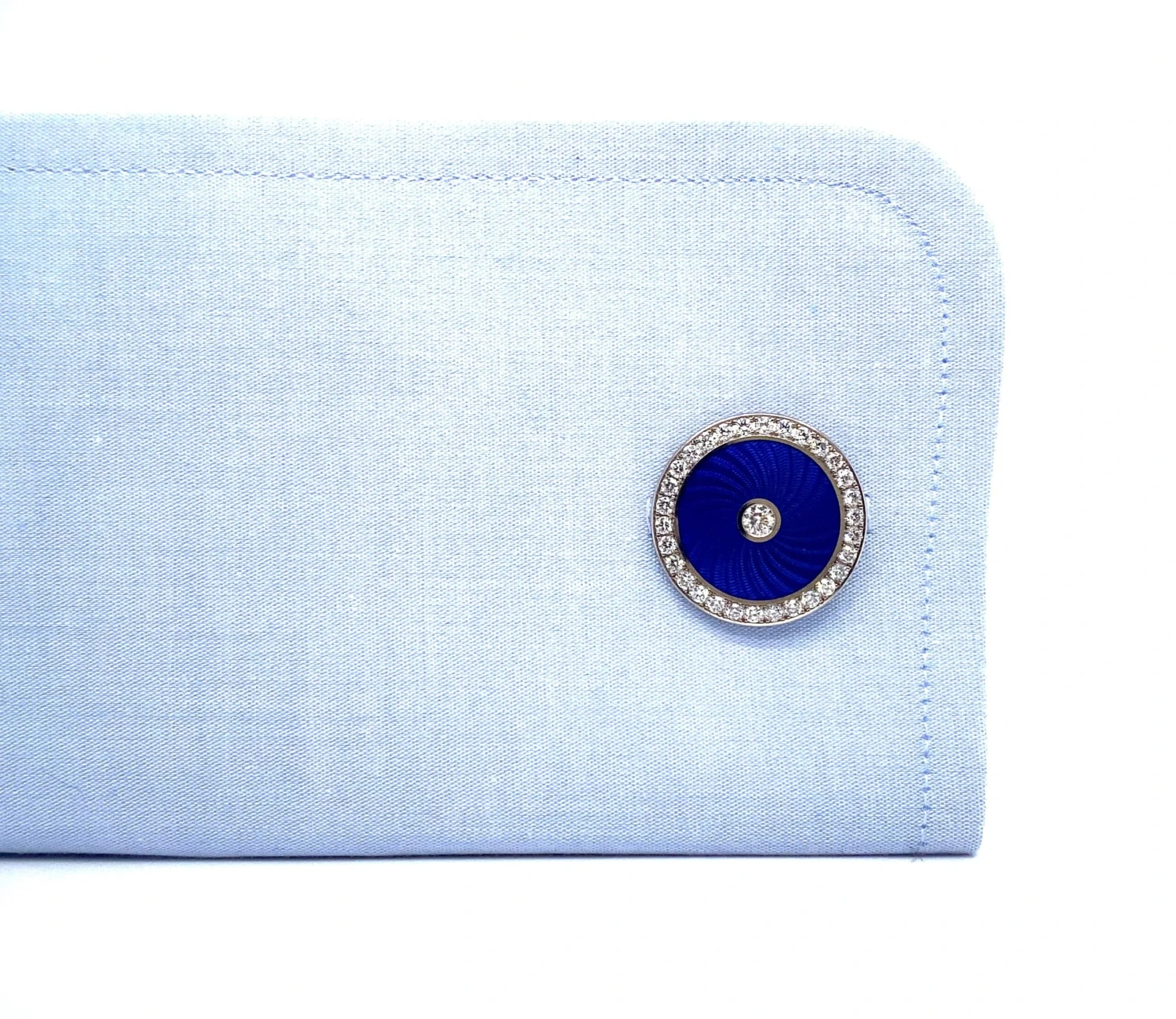 Round Cufflinks - 18k White Gold - Blue Guilloche Enamel - 62 Diamonds 1.40ct 10 Round Cufflinks - 18k White Gold - Blue Guilloche Enamel - 62 Diamonds 1.40ct – Image 8