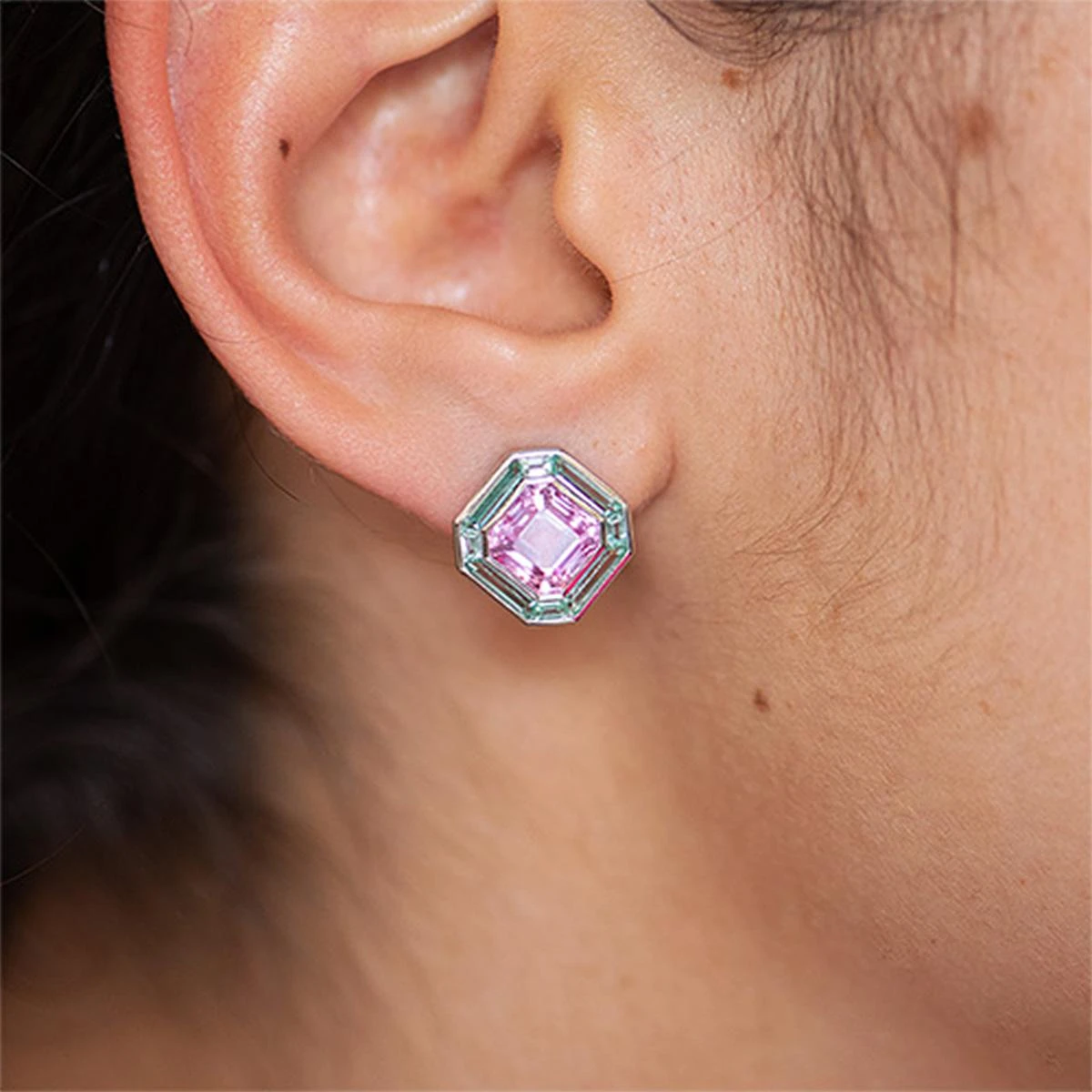 Luminous Asscher Stud Earrings, Pink & Green Sapphire, Silver, 5.40ct 4 Luminous Asscher Stud Earrings, Pink & Green Sapphire, Silver, 5.40ct – Image 2