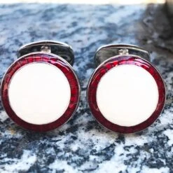 Berca Transparent Red White Hand Enameled T-Bar Back Sterling Silver Cufflinks -Mode Bijouterie Magasin gm 656 xx4 master