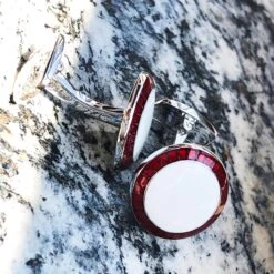 Berca Transparent Red White Hand Enameled T-Bar Back Sterling Silver Cufflinks -Mode Bijouterie Magasin gm 656 xx5 master