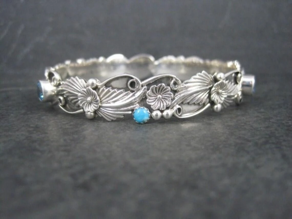 Southwestern Sterling Topaz Turquoise Bangle Bracelet 5 Southwestern Sterling Topaz Turquoise Bangle Bracelet – Image 3