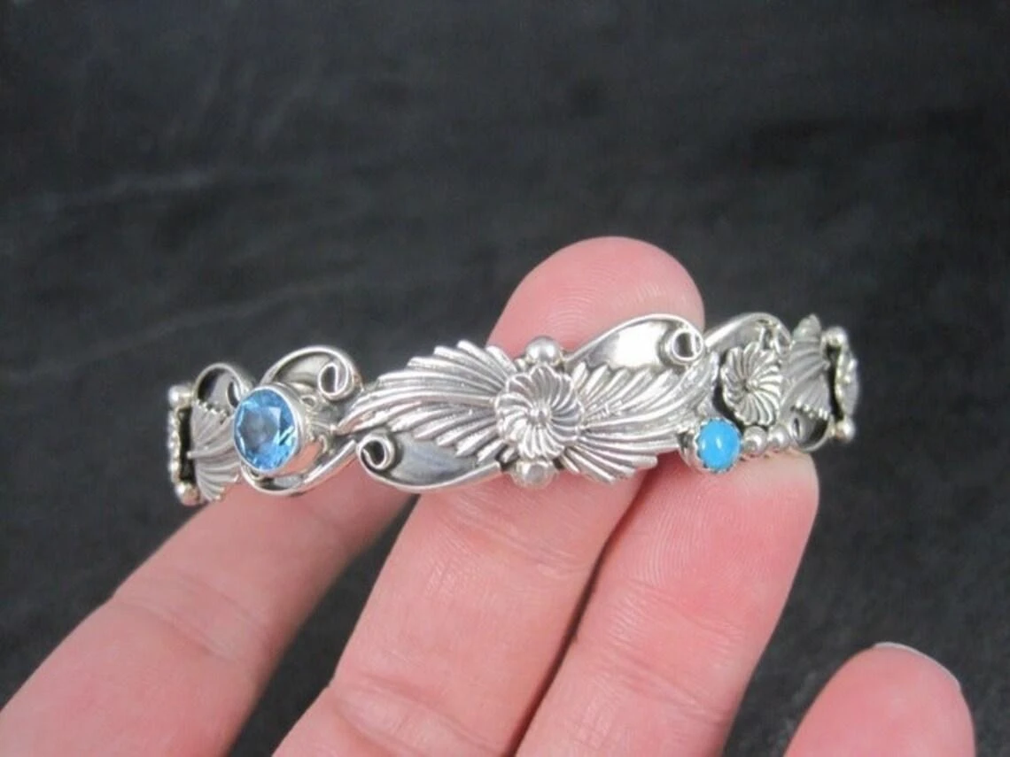 Southwestern Sterling Topaz Turquoise Bangle Bracelet 11 Southwestern Sterling Topaz Turquoise Bangle Bracelet – Image 9