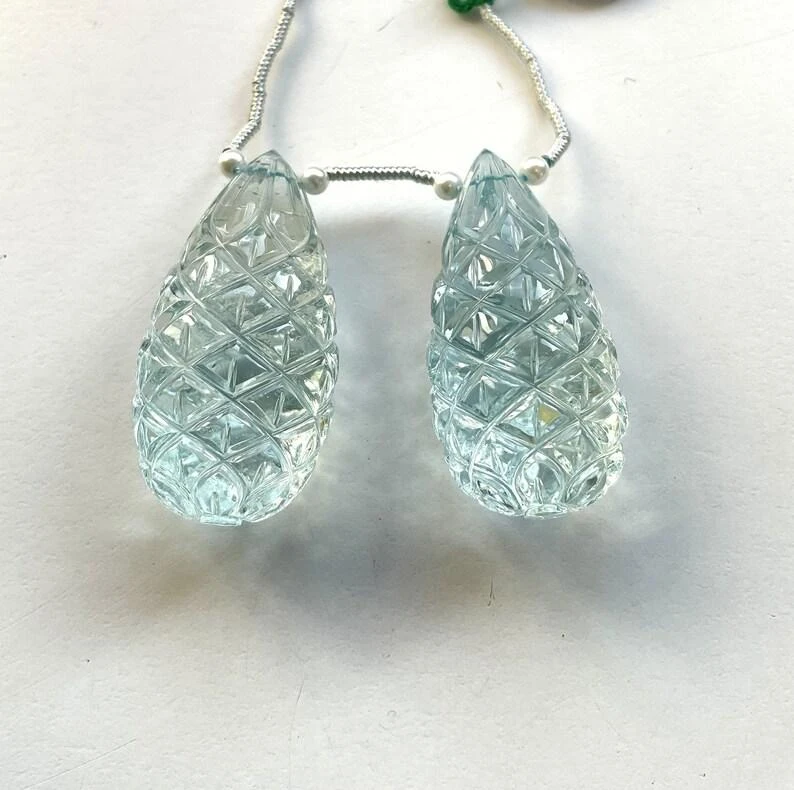 Unknown Natural Aquamarine Drops 2 Pieces Carved Earrings Pair Gemstone For Jewelry 4 Unknown Natural Aquamarine Drops 2 Pieces Carved Earrings Pair Gemstone For Jewelry – Image 2