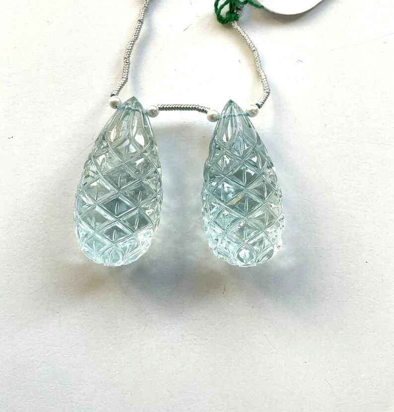 Unknown Natural Aquamarine Drops 2 Pieces Carved Earrings Pair Gemstone For Jewelry 6 Unknown Natural Aquamarine Drops 2 Pieces Carved Earrings Pair Gemstone For Jewelry – Image 4