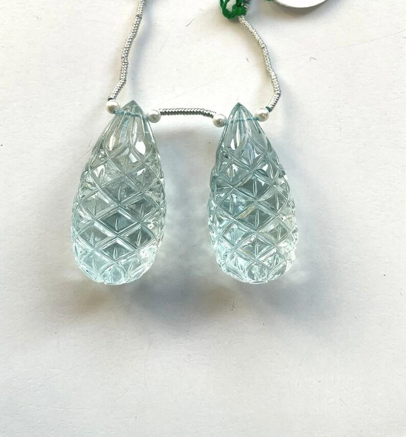 Unknown Natural Aquamarine Drops 2 Pieces Carved Earrings Pair Gemstone For Jewelry 7 Unknown Natural Aquamarine Drops 2 Pieces Carved Earrings Pair Gemstone For Jewelry – Image 5