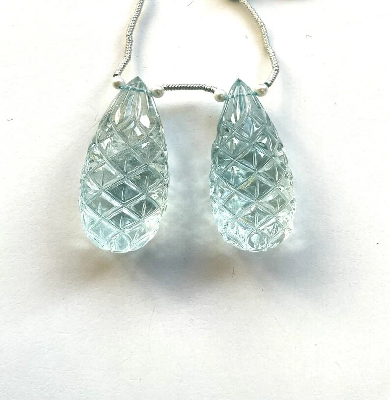 Unknown Natural Aquamarine Drops 2 Pieces Carved Earrings Pair Gemstone For Jewelry 14 Unknown Natural Aquamarine Drops 2 Pieces Carved Earrings Pair Gemstone For Jewelry – Image 12