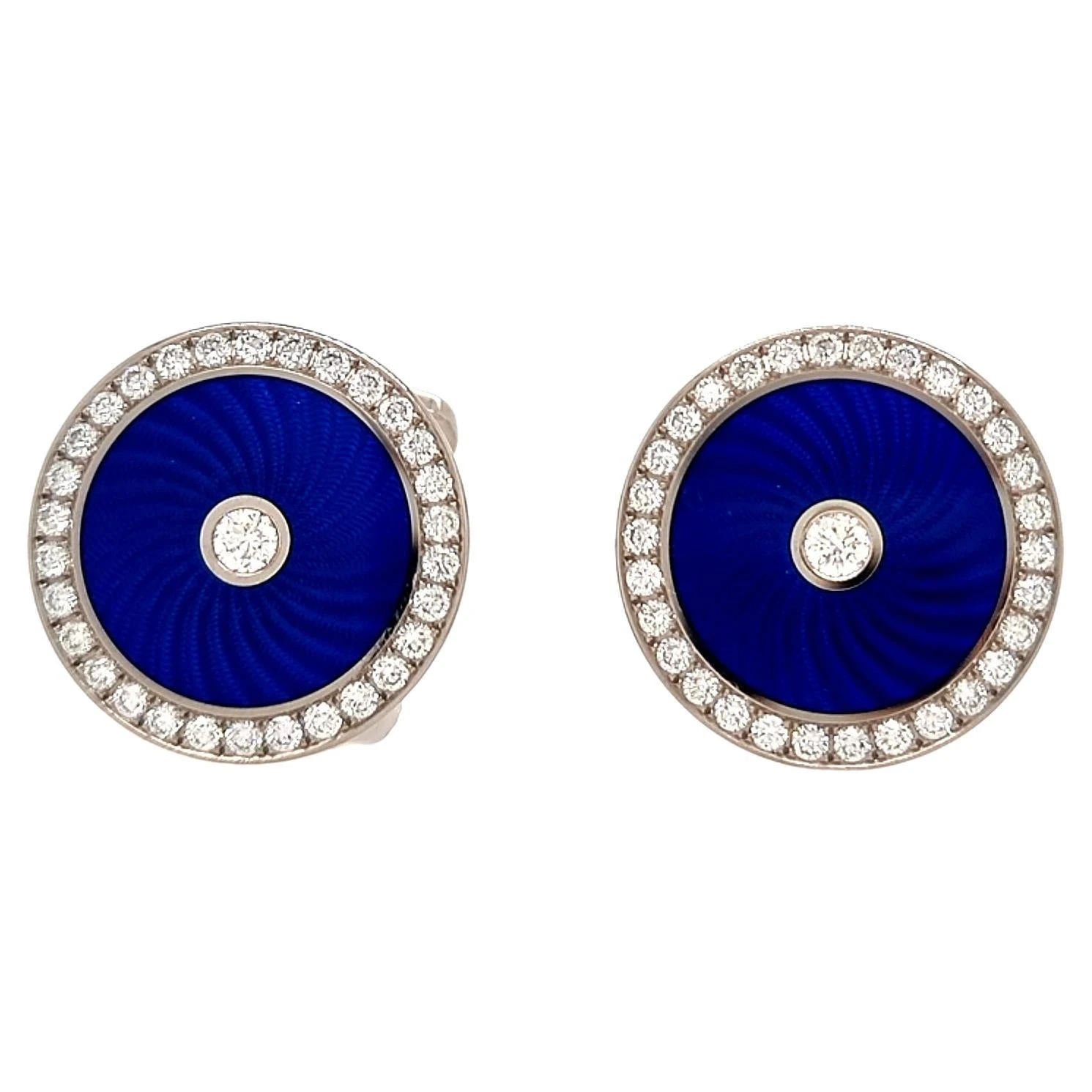 Round Cufflinks - 18k White Gold - Blue Guilloche Enamel - 62 Diamonds 1.40ct 4 Round Cufflinks - 18k White Gold - Blue Guilloche Enamel - 62 Diamonds 1.40ct – Image 2