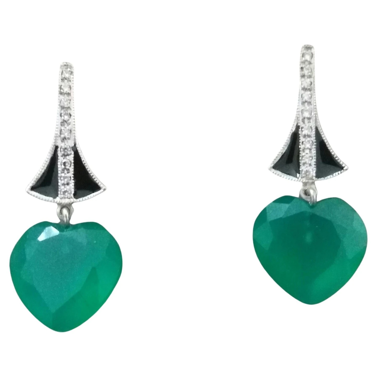 Art Deco Style Heart Shape Green Onyx Gold Diamonds Black Enamel Dangle Earrings 3 Art Deco Style Heart Shape Green Onyx Gold Diamonds Black Enamel Dangle Earrings