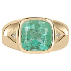 Unknown 4.04tcw 14K Men's Colombian Emerald-Cushion Cut & Diamond Accent Ring