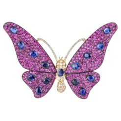 Butterfly Brooch With Pink Red And Blue Sapphires Diamonds In 18Kt Rose Gold