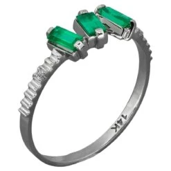 Baguette Emeralds And Diamonds 14k Gold Ring. 3 Gemstone Ring.