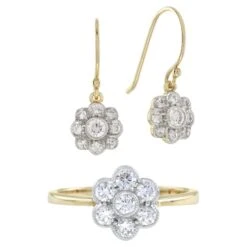 Unknown Fleur Diamond Cluster Ring And Earrings Set In White Top Yellow Edge