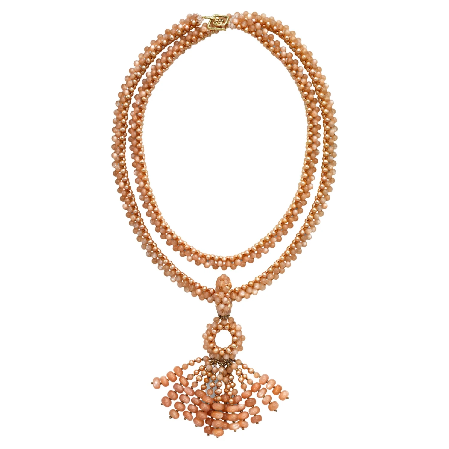 Long Beaded Rope Tassel Necklace In 18k Gold, Pink Pearls, And Peach Moonstone 3 Long Beaded Rope Tassel Necklace In 18k Gold, Pink Pearls, And Peach Moonstone