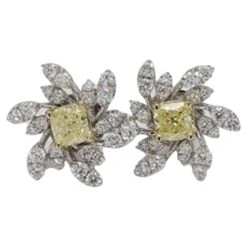 Unknown Natural Yellow Cushion And White Diamond 1.43 Carat TW Gold Stud Earrings