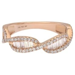 0.69 Carat Round & Baguette Diamond Twist Band Ring 18K Rose Gold