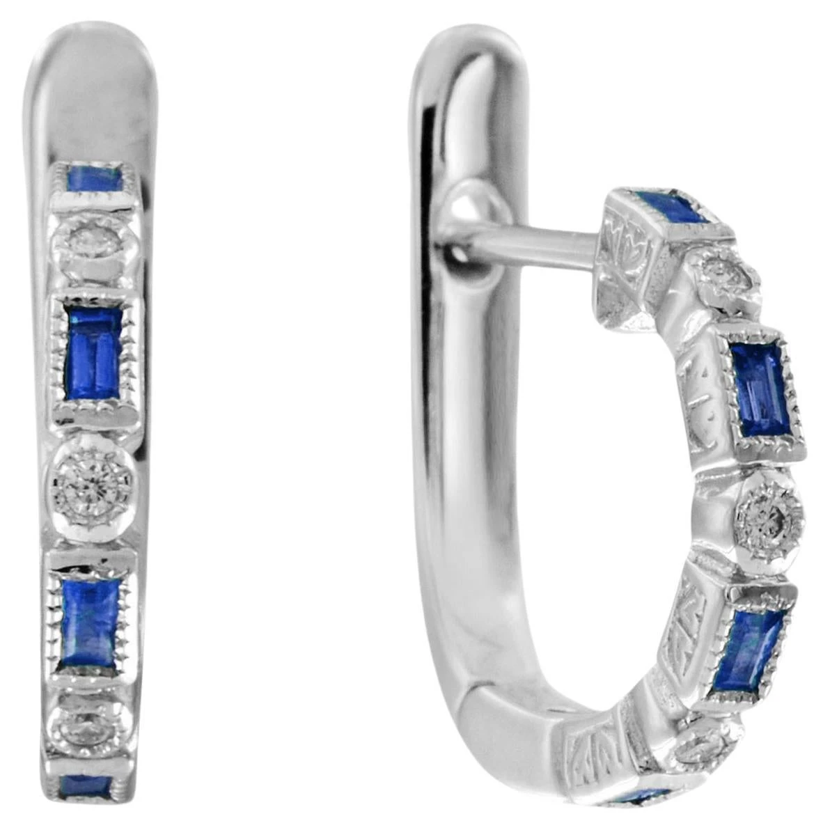 Unknown Alternate Baguette Blue Sapphire And Round Diamond Earrings In 14K White Gold 3 Unknown Alternate Baguette Blue Sapphire And Round Diamond Earrings In 14K White Gold