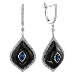 Unknown Sapphire Onyx Diamond Marquise Shape Dangle Earrings In 14K White Gold