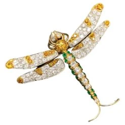 Unknown Estate 18K Platinum Articulating Orange White Diamond Emerald Dragonfly Brooch