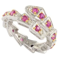 Diamond And Natural Ruby Snake Ring In 14K Solid White Gold