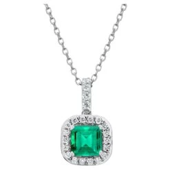 Halo Diamond And Emerald Pendant White Gold Drop Pendant Necklace