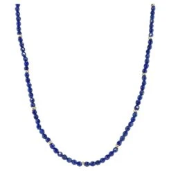 Faceted Lapis Bead Necklace With Yellow Gold Accents, 34 Inches