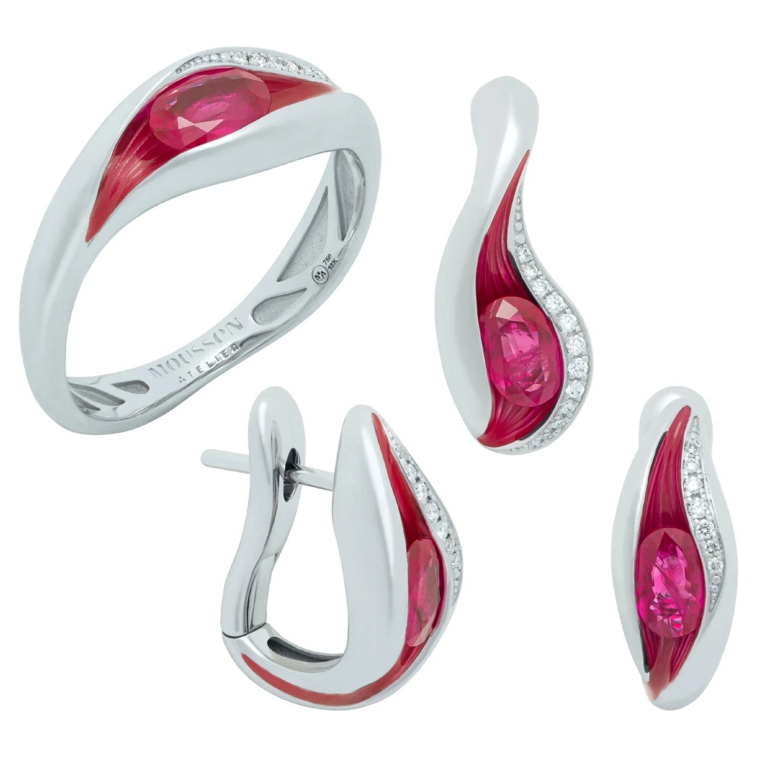 Rubies Diamonds Enamel 18 Karat White Gold Melted Colors Suite 3 Rubies Diamonds Enamel 18 Karat White Gold Melted Colors Suite