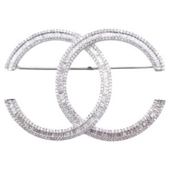 Luxurious 14k White Gold Double CC Diamond Brooch