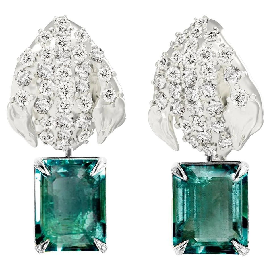 White Gold Contemporary Peony Petal Clip-On Earrings With Emeralds, 62 Diamonds 3 White Gold Contemporary Peony Petal Clip-On Earrings With Emeralds, 62 Diamonds