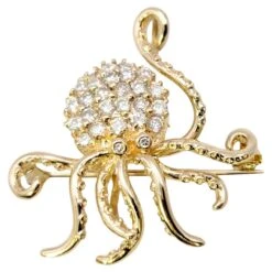 Unknown Delightful 14 Karat Polished Yellow Gold Octopus Brooch / Pendant With Diamonds