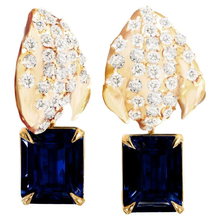 18 Karat Yellow Gold Clip-on Earrings With Sapphires And 62 Diamonds 3 18 Karat Yellow Gold Clip-on Earrings With Sapphires And 62 Diamonds
