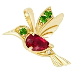 14k Gold Hummingbird Pendant With Rubies, Bird Pendant With Colored Gemstones