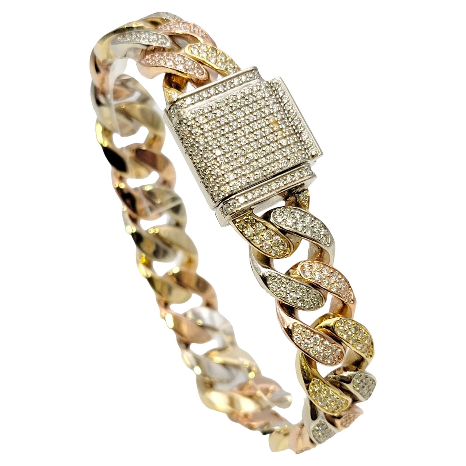 Unknown Tri-Tone Unisex Cuban Link Pave Diamond Bracelet In 14 Karat Gold 4 Unknown Tri-Tone Unisex Cuban Link Pave Diamond Bracelet In 14 Karat Gold – Image 2