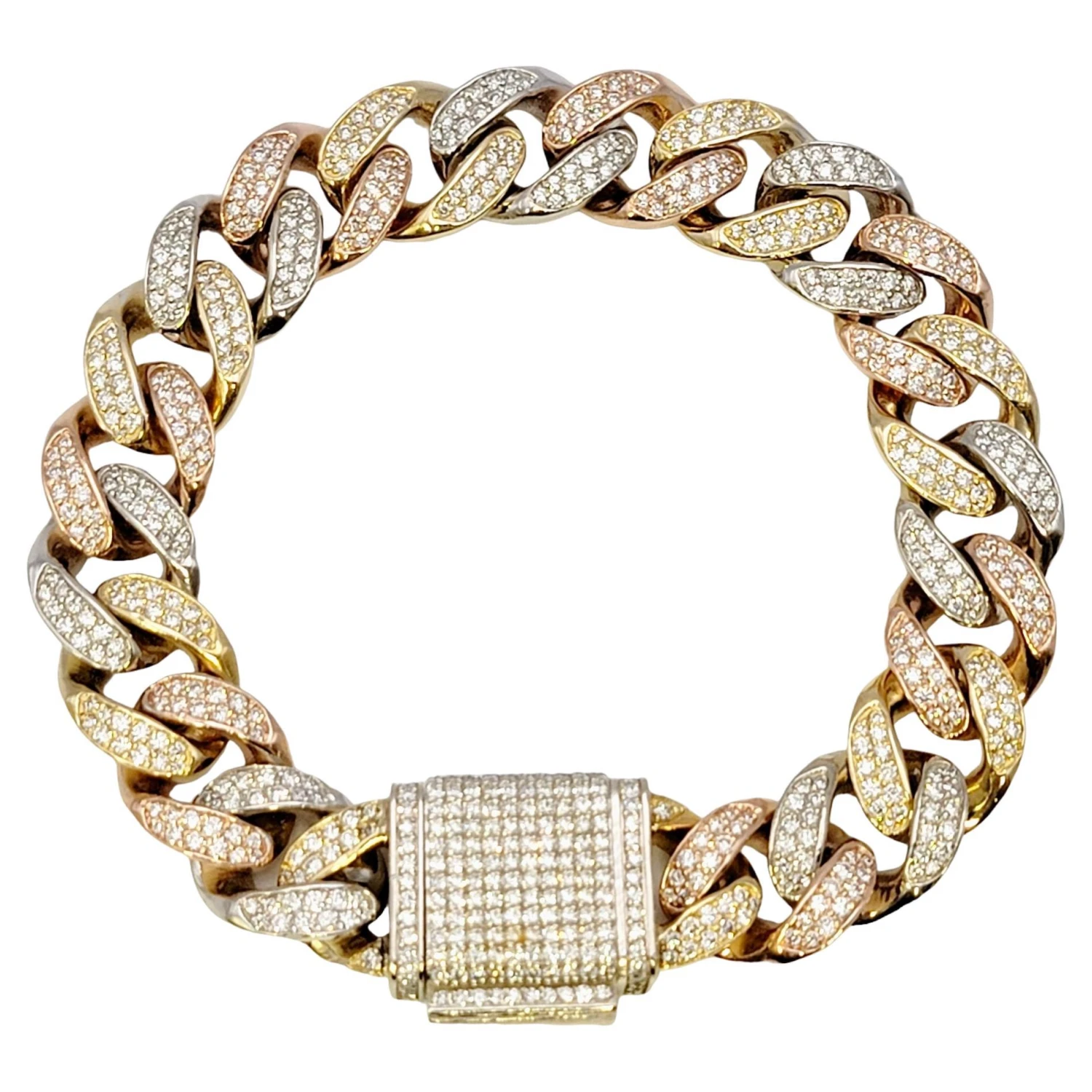 Unknown Tri-Tone Unisex Cuban Link Pave Diamond Bracelet In 14 Karat Gold 3 Unknown Tri-Tone Unisex Cuban Link Pave Diamond Bracelet In 14 Karat Gold