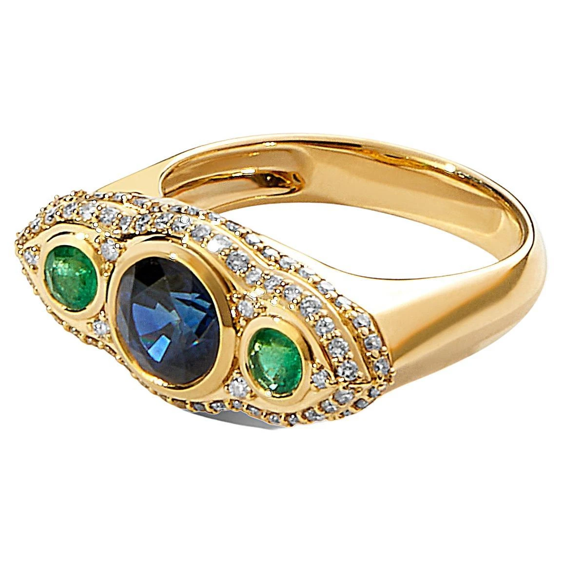 Syna Yellow Gold Blue Sapphire, Emerald And Diamond Ring 3 Syna Yellow Gold Blue Sapphire, Emerald And Diamond Ring