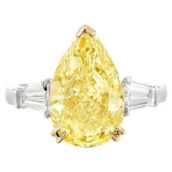 GIA Certified 4 Carat Pear Cut Fancy Yellow Diamond Solitaire Ring
