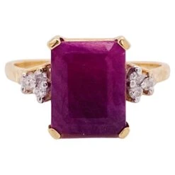 Emerald Cut Ruby And Diamond Ring 4.40 Carat Ruby In 14k Yellow Gold