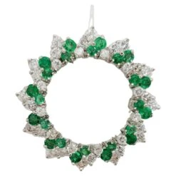 Unknown Emerald And White Diamond Wreath Brooch In 14k White Gold