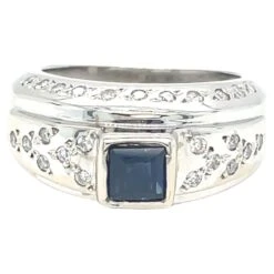 Unknown 14k White Gold Square Sapphire Scattered Diamond Ring