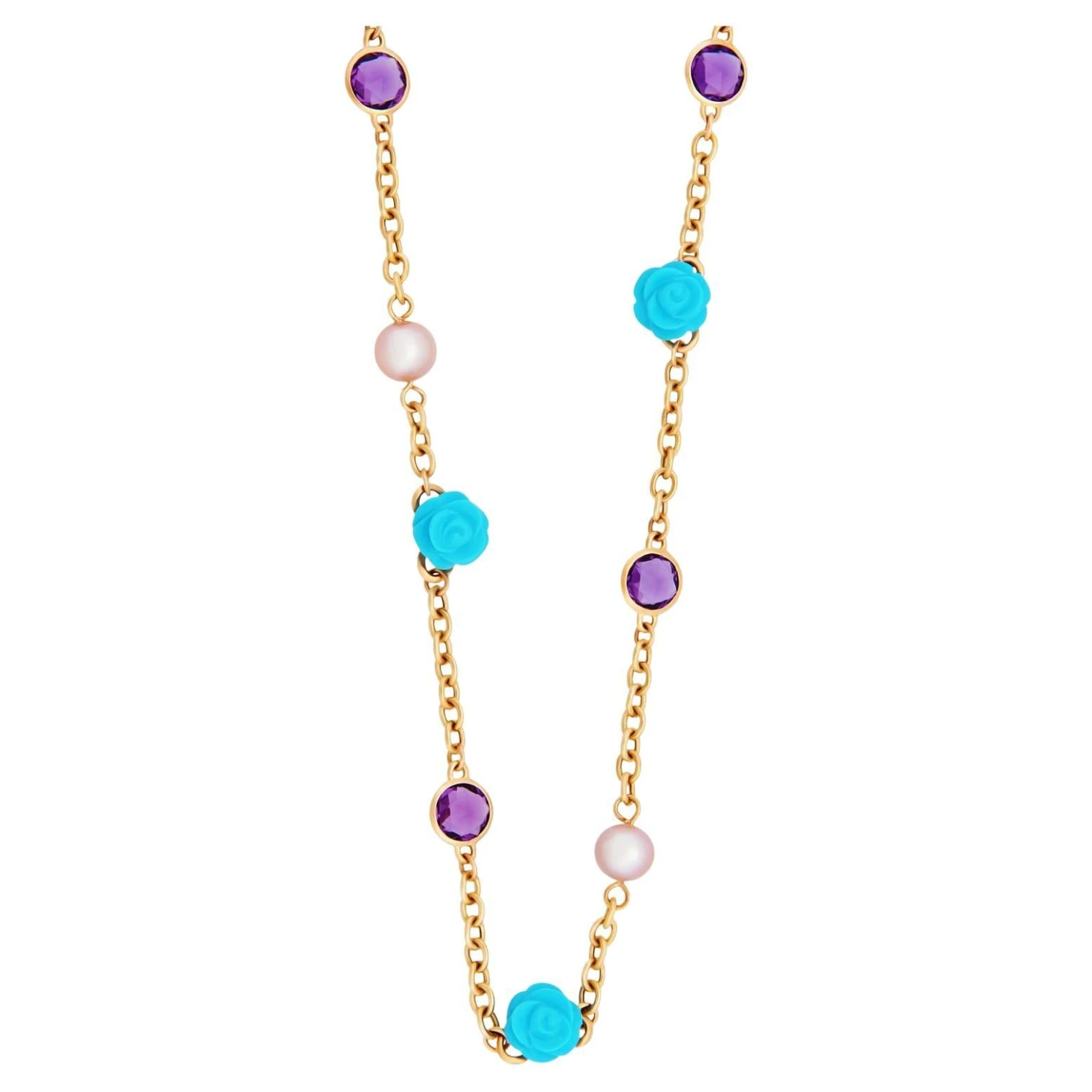 Mimi Milano Grace 18k Yellow Gold, Turquoise & Amethyst Princess Necklace 3 Mimi Milano Grace 18k Yellow Gold, Turquoise & Amethyst Princess Necklace