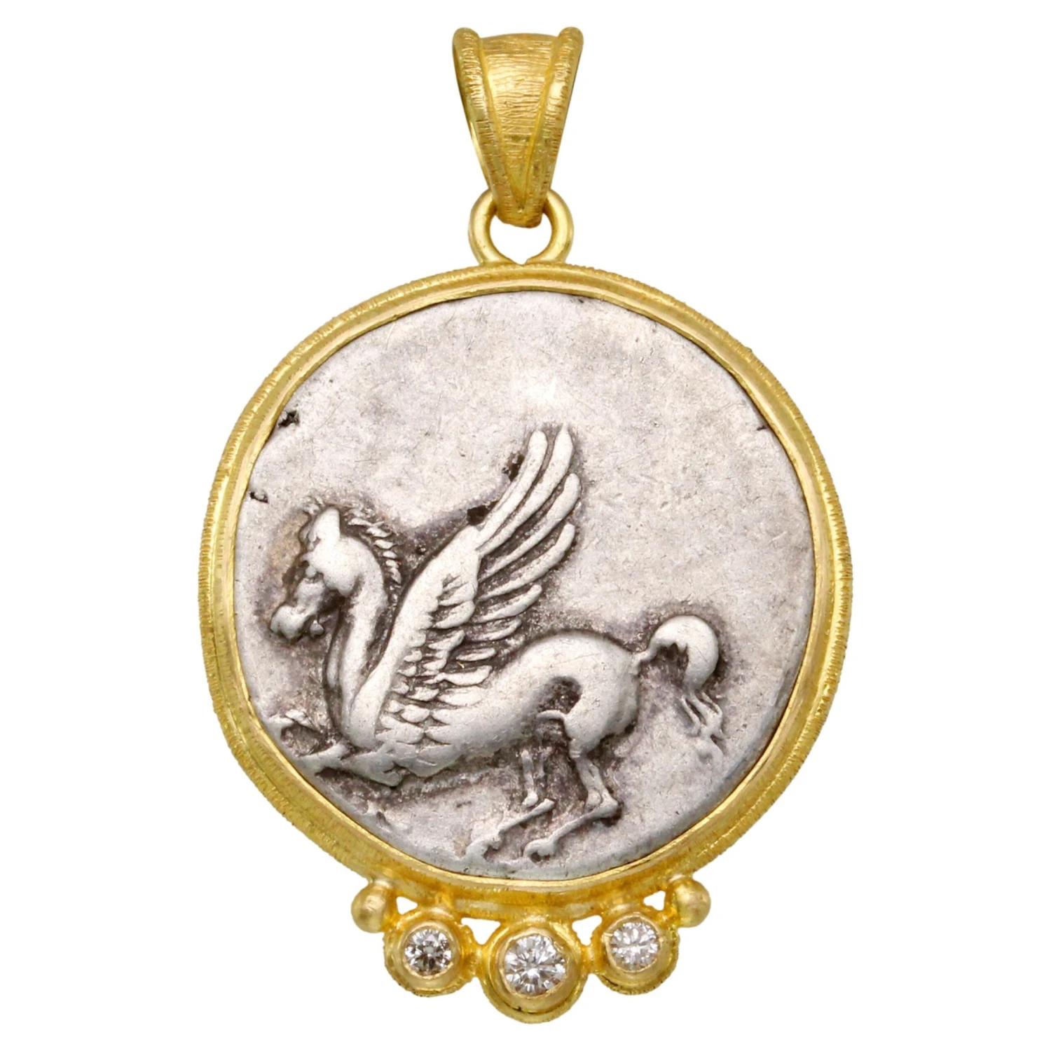 Ancient Greek 4th Century Bc Corinth Pegasus Coin Diamonds 18k Gold Pendant 3 Ancient Greek 4th Century Bc Corinth Pegasus Coin Diamonds 18k Gold Pendant