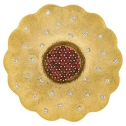 Unknown 18k Gold & Platinum Ruby & Diamond Hammered Textured Large Flower Pendant Brooch
