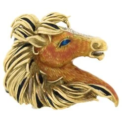 Frascarolo & Co. 18k Gold Detailed Enamel 3D Horse Head Pin Brooch W/ Diamonds
