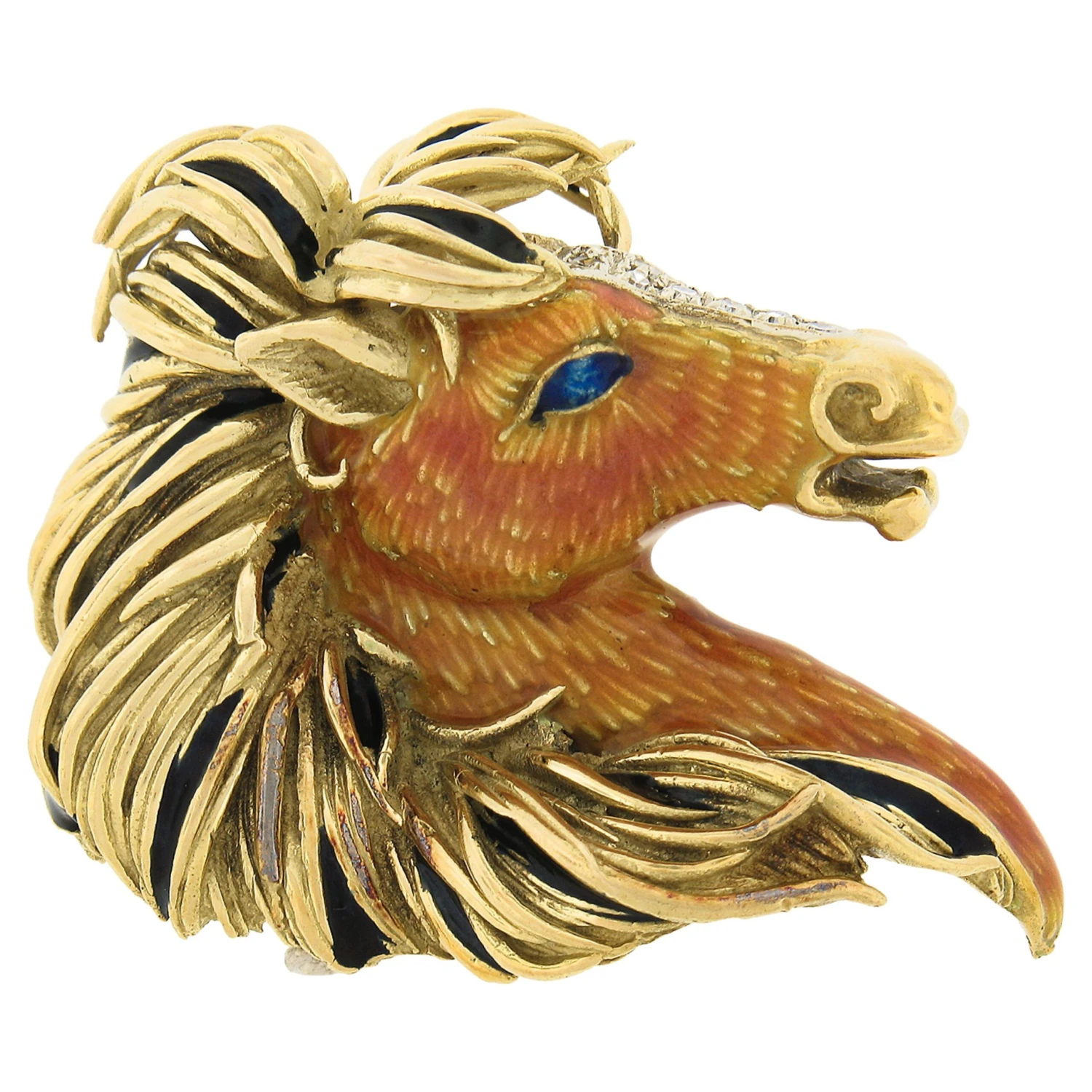 Frascarolo & Co. 18k Gold Detailed Enamel 3D Horse Head Pin Brooch W/ Diamonds 3 Frascarolo & Co. 18k Gold Detailed Enamel 3D Horse Head Pin Brooch W/ Diamonds
