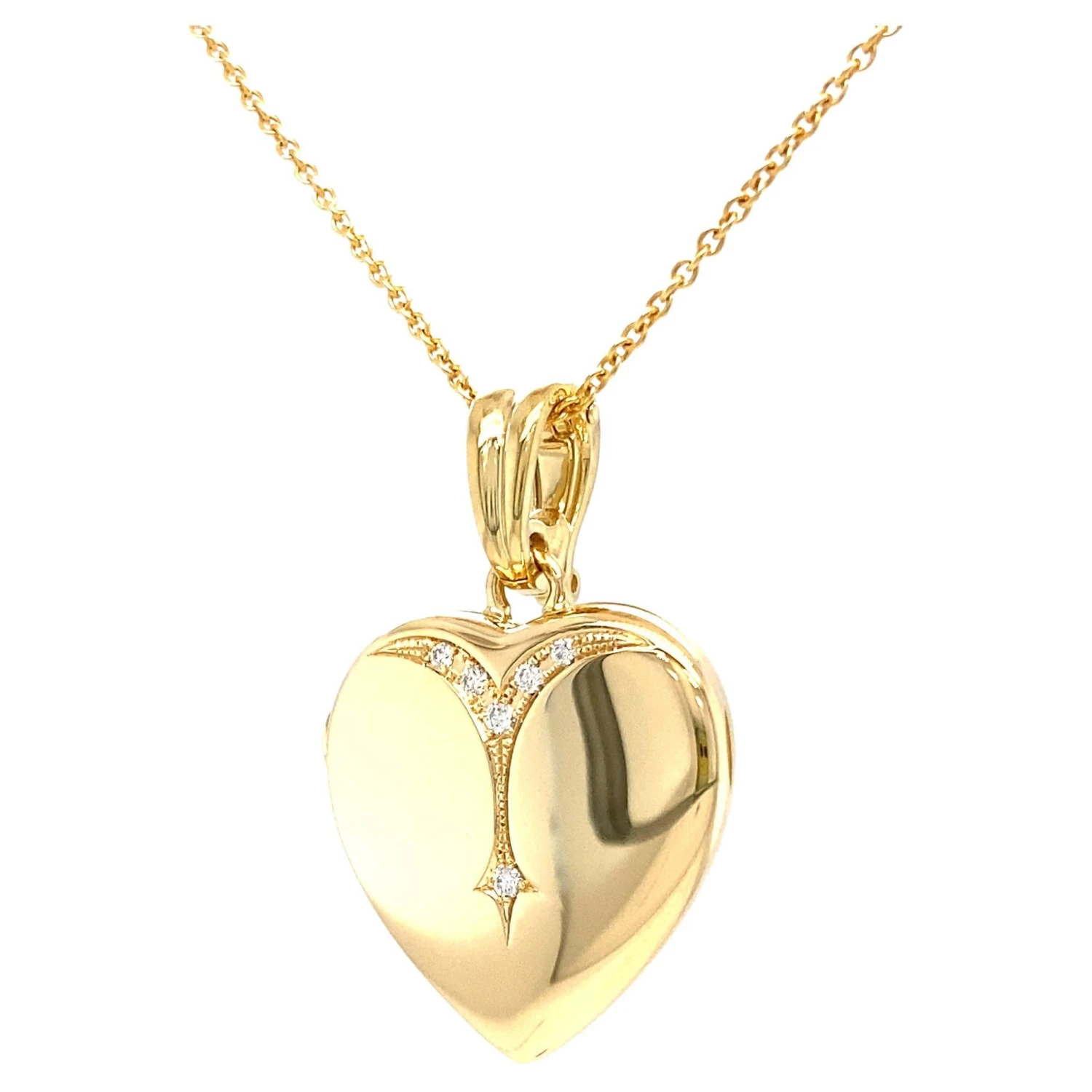 Polished Heart Locket Pendant Necklace - 18k Yellow Gold - 6 Diamonds 0.09 Ct 3 Polished Heart Locket Pendant Necklace - 18k Yellow Gold - 6 Diamonds 0.09 Ct