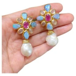 Bochic “Capri”, Ruby, Blue Opal & Moonstone Earrings Set In 22 Gold & Silver -Mode Bijouterie Magasin j 19389562 1685210168364 bg processed